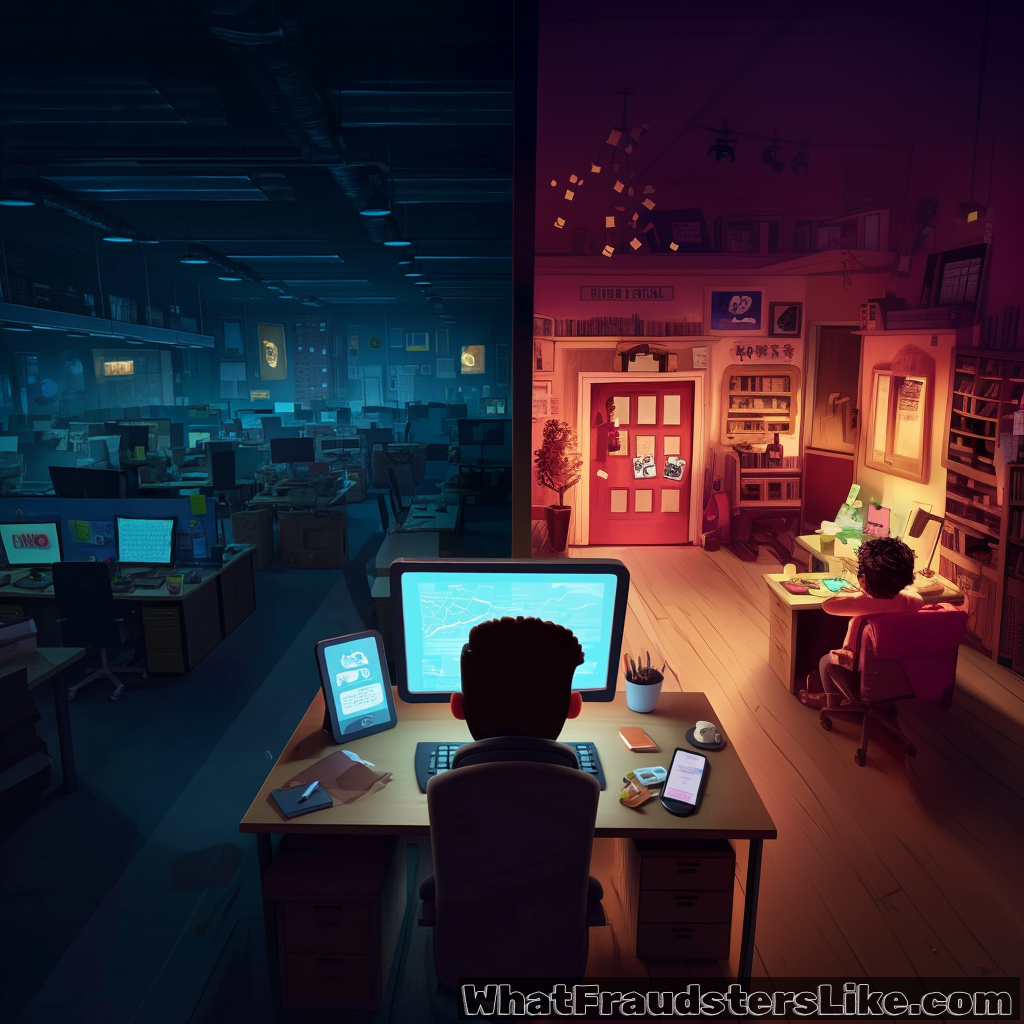 The image is split vertically: on the left, a dark, empty office with numerous computer screens glows blue, while on the right, a warm, well-lit home office shows a person working at a desk.